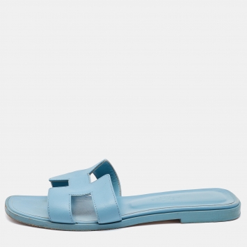 Pre Owned Hermes Blue Leather Oran Flat Slides Size 36
