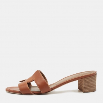 Pre Owned Hermes Brown Leather Oasis Slide Sandals Size 38