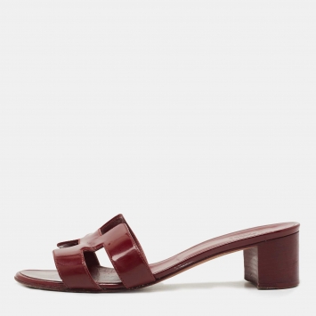 Pre Owned Hermes Burgundy Patent Leather Oasis Slide Sandals Size 38