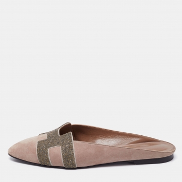 مملوكة مسبقًا Hermes Light Brown Suede and Beads Roxane Flat Mules Size 41