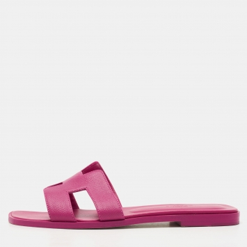 Pre Owned Hermes Pink Lizard Embossed Oran Flat Slides Size 38