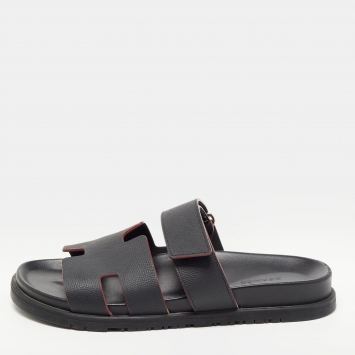 Pre Owned Hermes Black Textured Leather Chypre Sandals Size 40