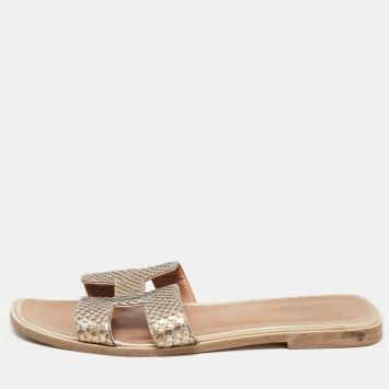 Pre Owned Hermes Metallic Python Oran Flat Slides Size 39.5