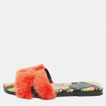 Pre Owned Hermes Orange Fur Oran Flat Slides Size 38.5 