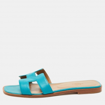 Pre Owned Hermes Blue Leather Oran Flat Slides Size 38.5