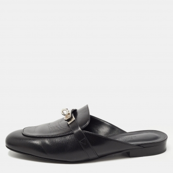 Pre Owned Hermes Black Leather Palladium Plated Oz Mules Size 37
