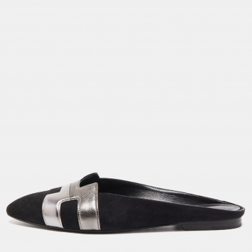 Pre Owned Hermes Black/Metallic Suede and Leather Roxane Mules Size 37