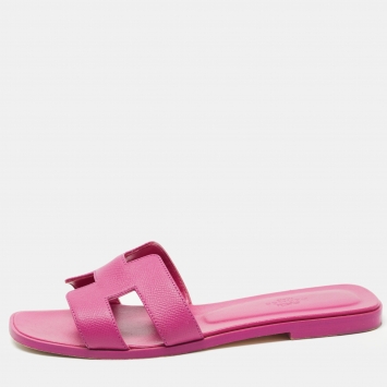 Pre Owned Hermes Pink Leather Oran Flat Slides Size 39