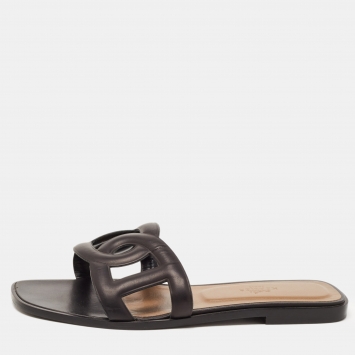 Pre Owned Hermes Black Leather Aloha Slide Flats Size 39