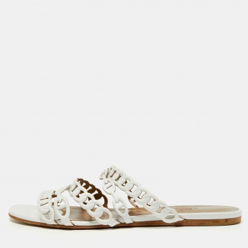 Pre Owned Hermes White Leather D'ancre Chaine Flat Slides Size 39.5