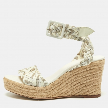 Pre Owned Hermes White/Grey Patent Leather and Suede Sofia Espadrille Wedge Sandals Size 39
