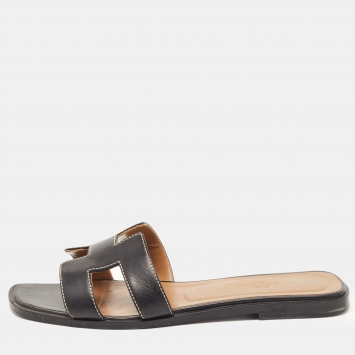 Pre Owned Hermes Black Leather Oran Flat Slides Size 37