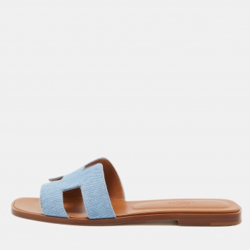 Pre Owned Hermes Blue Denim Oran Flat Slides Size 39