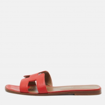 Pre Owned Hermes Red Leather Oran Flat Slides Size 41 