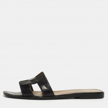 Pre Owned Hermes Black Alligator Oran Flat Slides Size 39.5