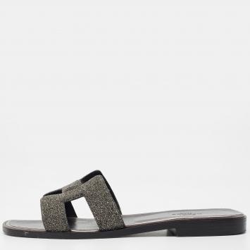 Pre Owned Hermes Metallic Grey Beads Oran Flat Slides Size 37