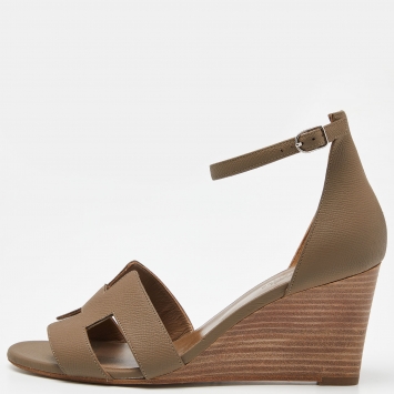 Pre Owned Hermes Brown Leather Legend Wedge Sandals Size 40.5