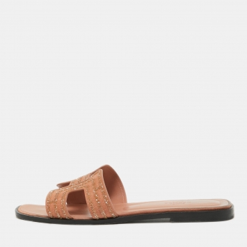 Pre Owned Hermes Peach Pink Suede Crystal Embellished Oran Flat Slides Size 39