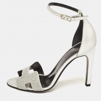 Pre Owned Hermes Silver Leather and Crystal Powder Night Premiere Sandals Size 37