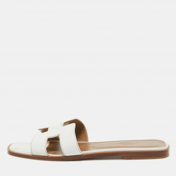 Pre Owned Hermes White Leather Oran Flat Slides Size 39 