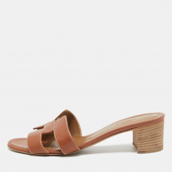Pre Owned Hermes Brown Leather Oasis Slide Sandals Size 37