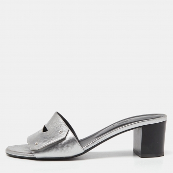 Pre Owned Hermes Silver Leather Very Block Heel Slide Sandals Size 38