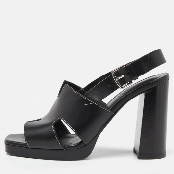 Pre Owned Hermes Black Leather Eris Block Heel Slingback Sandals Size 38
