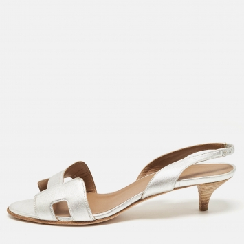Pre Owned Hermes Silver Leather Night Slingback Sandals Size 40