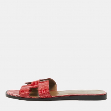 Pre Owned Hermes Red Alligator Oran Flat Slides Size 39
