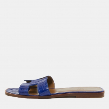 Pre Owned Herms Blue Alligator Oran Flat Slides Size 39