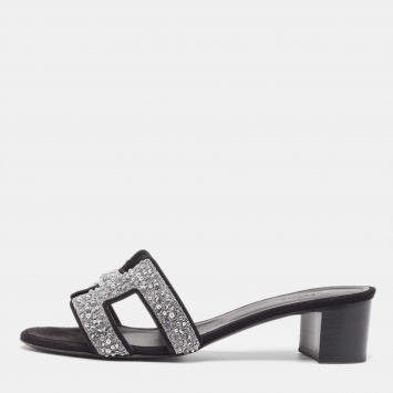 Pre Owned Hermes Black Suede Oasis Embellished Slide Sandals Size 37