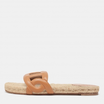 Pre Owned Hermes Brown Leather Famosa Flat Slides Size 38