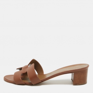 Pre Owned Hermes Brown Leather Oasis Slide Sandals Size 40
