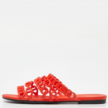 Pre Owned Hermès Orange Rubber Chaine D'ancre Flat Slides Size 36
