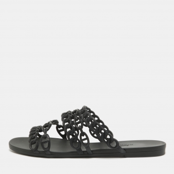 Pre Owned Hermes Black Rubber Chain d'Ancre Flat Slides Size 40