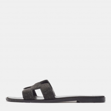 Pre Owned Hermes Black Glitter  Oran Flat Slides Size 39