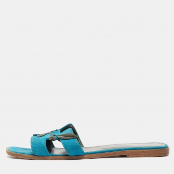 Pre Owned Hermes Blue/Green Leather and Suede Oran Laurier Sandals Size 40