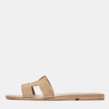 Pre Owned Hermes Beige Suede Oran Flat Slides Size 38.5 