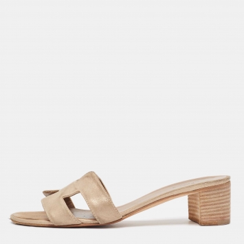 Pre Owned Hermes Beige Nubuck Leather Oasis Slide Sandals Size 36.5