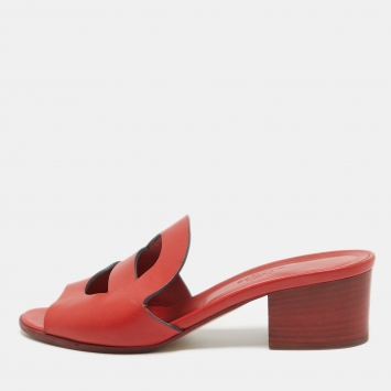 Pre Owned Hermes Red Leather Mona Block Heel Slide Sandals Size 36.5