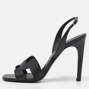 Pre Owned Hermes Black Leather Night Slingback Sandals Size 39.5