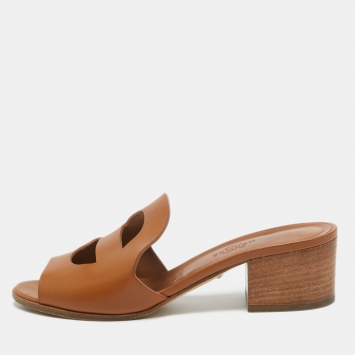 Pre Owned Hermes Tan Leather Mona Sandals Size 36.5
