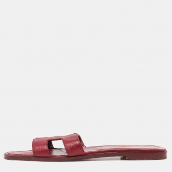 Pre Owned Hermes Red Leather Oran Flat Sandals Size 39