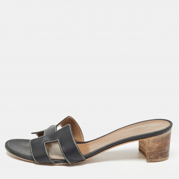 Pre Owned Hermes Black Leather Oasis Slide Sandals Size 41