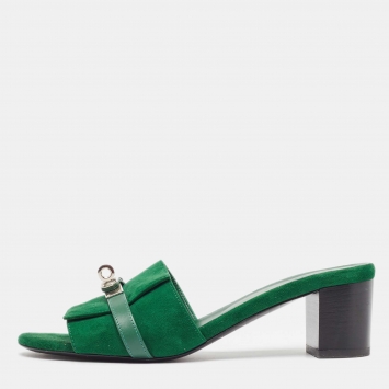 Pre Owned Hermes Green Suede Gigi Slide Sandals Size 39