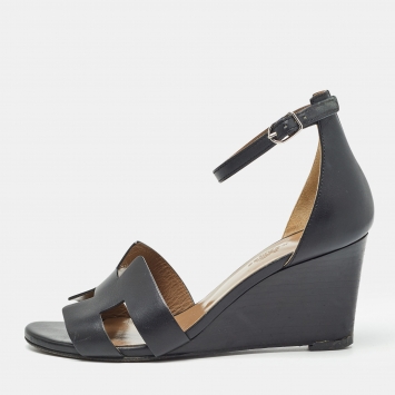 Pre Owned Hermes Black Leather Legend Wedge Sandals Size 37