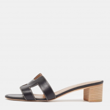 Pre Owned Hermes Black Leather Oasis Sandals Size 37.5