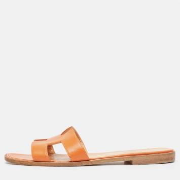 Pre Owned Hermes Orange Leather Oran Flat Slides Size 41
