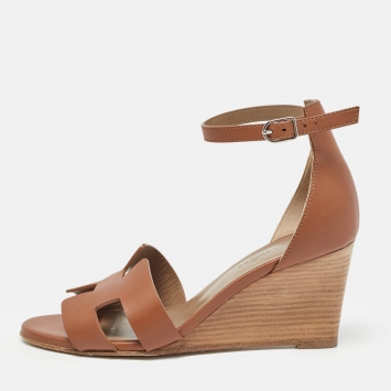 Pre Owned Hermes Brown Leather Legend Wedge Sandals Size 36