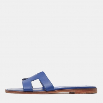 Pre Owned Hermès Blue Leather Oran Flat Slides Size 39